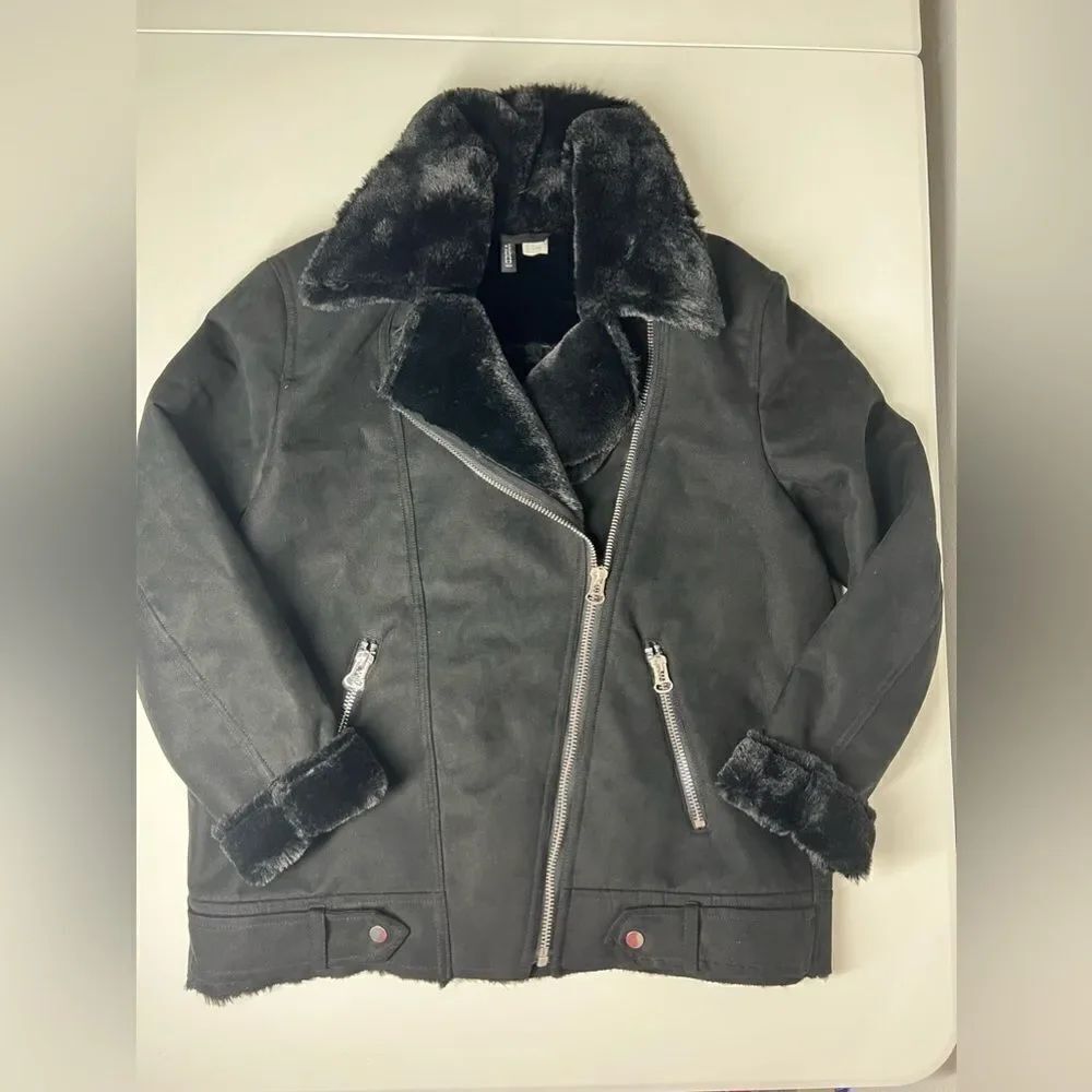 H&M Faux Fur-lined Biker Jacket Black Full Zip Aviator Size 8 - Picture 8 of 16
